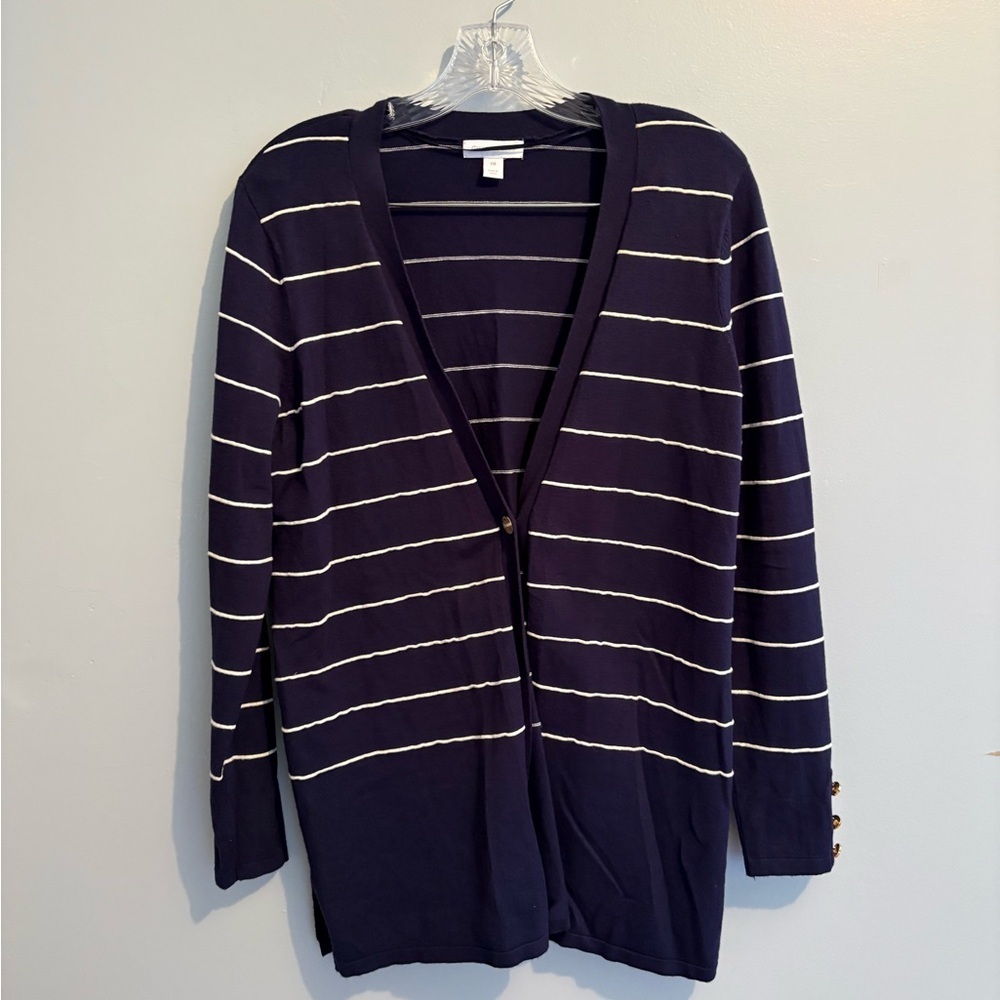 Charter Club Petite Medium Striped Cardigan Navy Blue White Long Sleeve Gold EUC